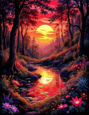 The primary subject of the image is a serene forest scene with a river flowing through it. The setting includes a beautiful sunset, creating a warm and inviting atmosphere. The visual style of the image is a painting, which adds a sense of artistic expression and depth to the scene. The colors and mood of the image are predominantly warm and natural, with the sunset casting a warm glow over the forest and river.